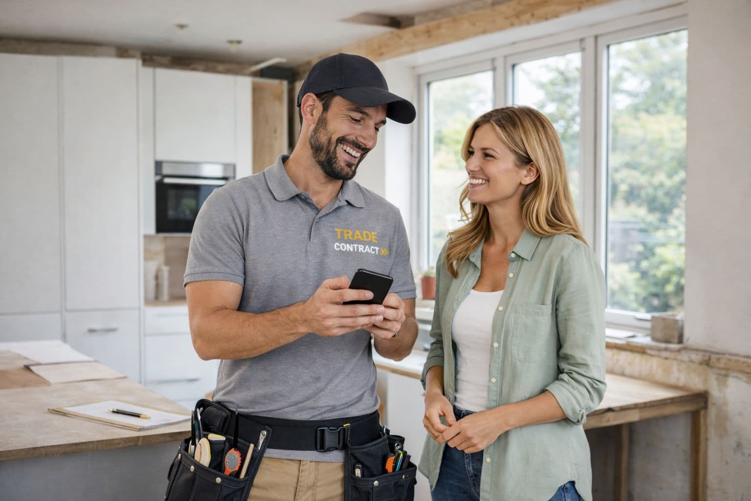 Tradesperson and homeowner discussing renovation